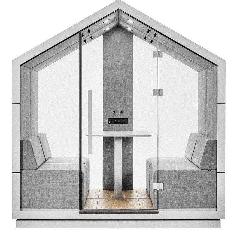 Cabina booth per sala riunione 4 persone completo di divanetti e tavolinetto_con sistema audio  Bluetooth e purificatore D&