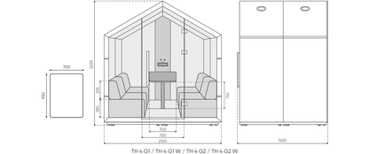 Cabina booth per sala riunione 4 persone completo di divanetti e tavolinetto_con sistema audio  Bluetooth e purificatore D&